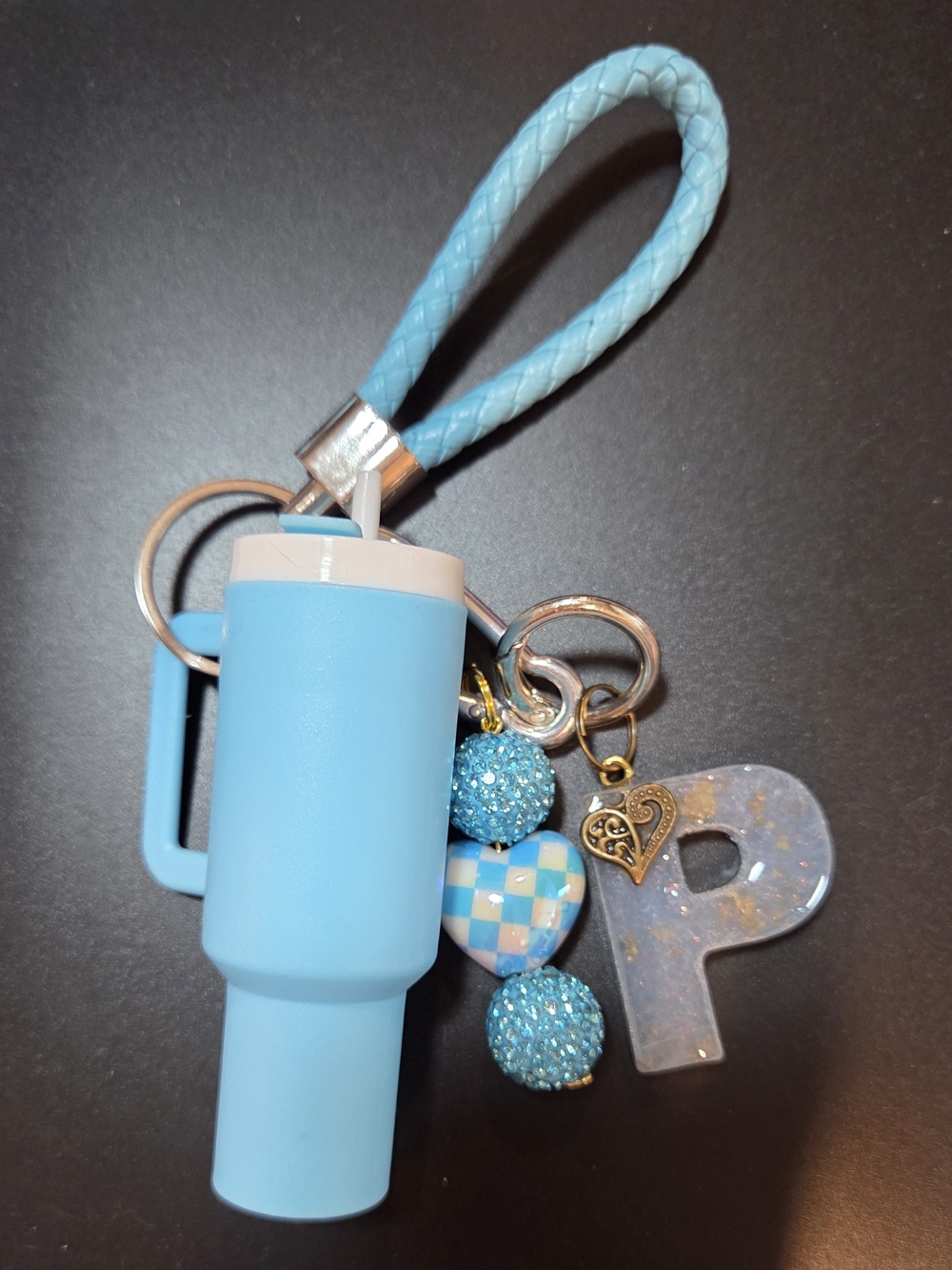 Light Blue Stanley type Lip Balm Holder Keychain with Sparkly beads & Letter P